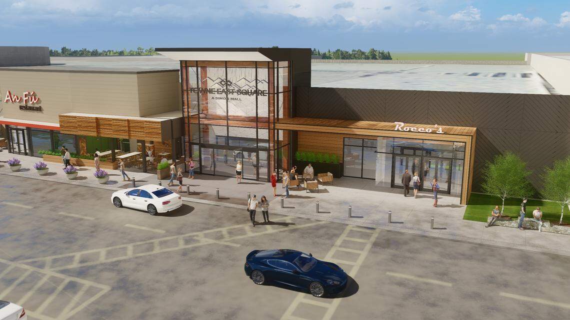 Towne East Square in Wichita is getting an interior and exterior upgrade, scheduled to be complete in 2023. The restaurant names in the drawings by LK Architecture are fictional. The upgrade will include wood and glass details at the entries and new signage.