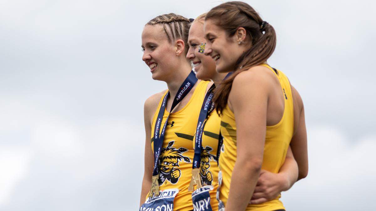 The Wichita State women’s track and field team swept the podium in the heptathlon on Saturday at the AAC Outdoor championships. Sydney Wilson (third), Kendra Henry (first) and Claudia Rojo (second) smile for their podium picture.