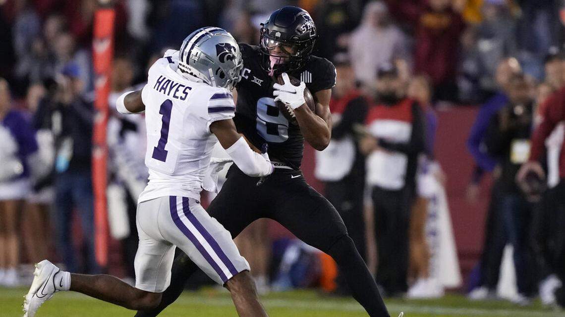 Iowa State wide receiver Xavier Hutchinson (8) is tripped by Kansas State safety Josh Hayes (1) during the first half of an NCAA college football game, Oct. 8 in Ames, Iowa. Hutchinson is one of the best receivers in the country and could pose a problem for TCU.