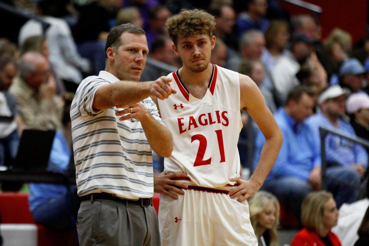 Maize boys basketball coach Chris Grill talks with center Devon Koehn. The Eagles stayed perfect with a home win over Campus on Friday.