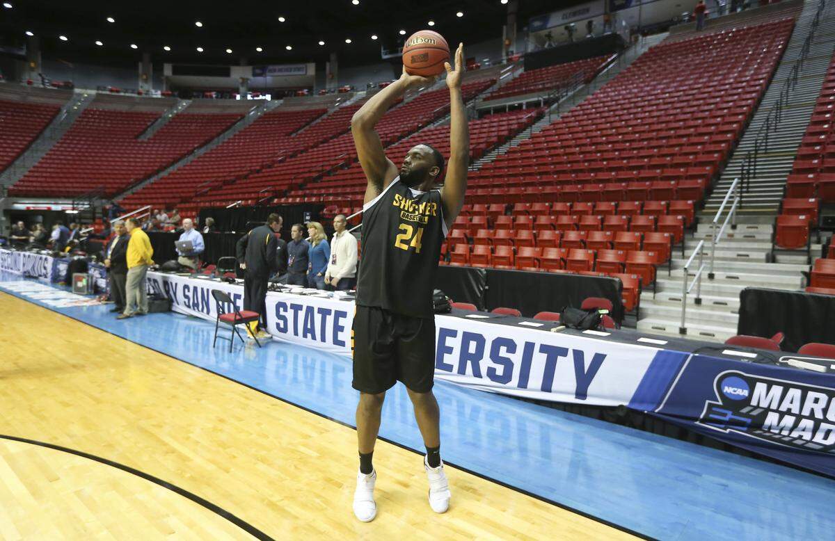 Wichita State's Shaq Morris shoots during WSU's public practice Thursday at Viejas Arena in San Diego.