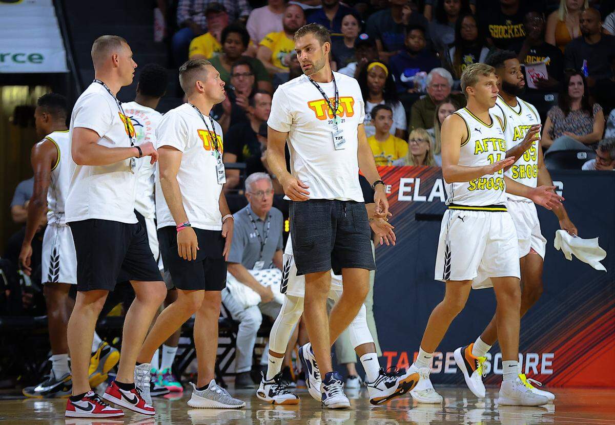 The AfterShocks’ coaching staff featured a handful of past Shockers like Zach Bush (left), Ron Baker (center) and Garrett Stutz (right).