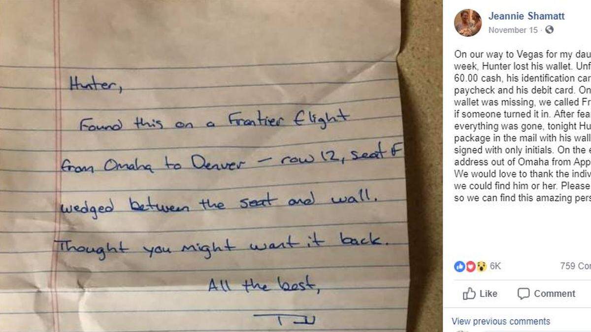 A stranger sent this note to Hunter Shamatt after finding his lost wallet on a plane. The wallet was returned with an added bonus.