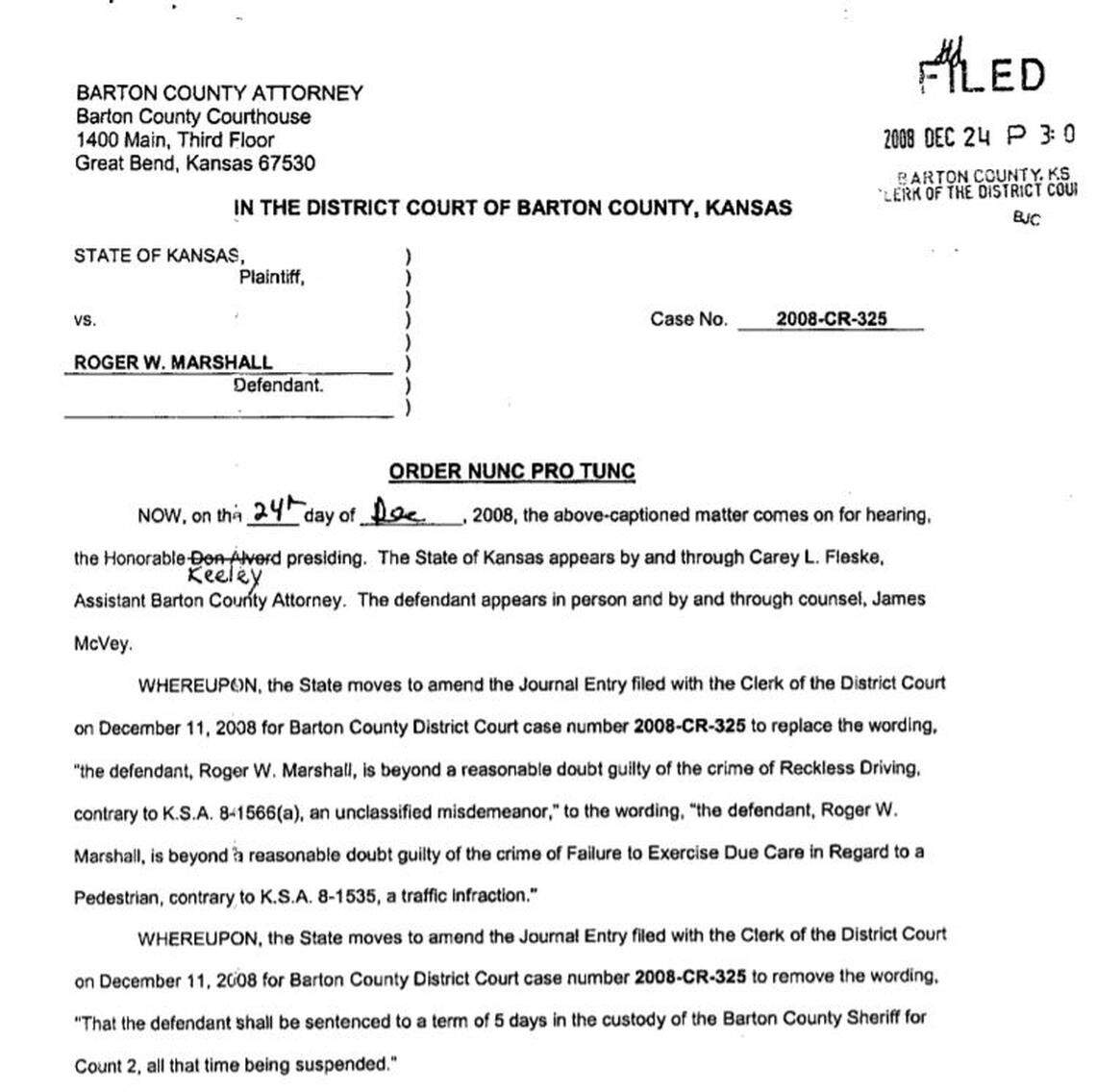 A portion of the nunc pro tunc order in the criminal case against Roger Marshall.