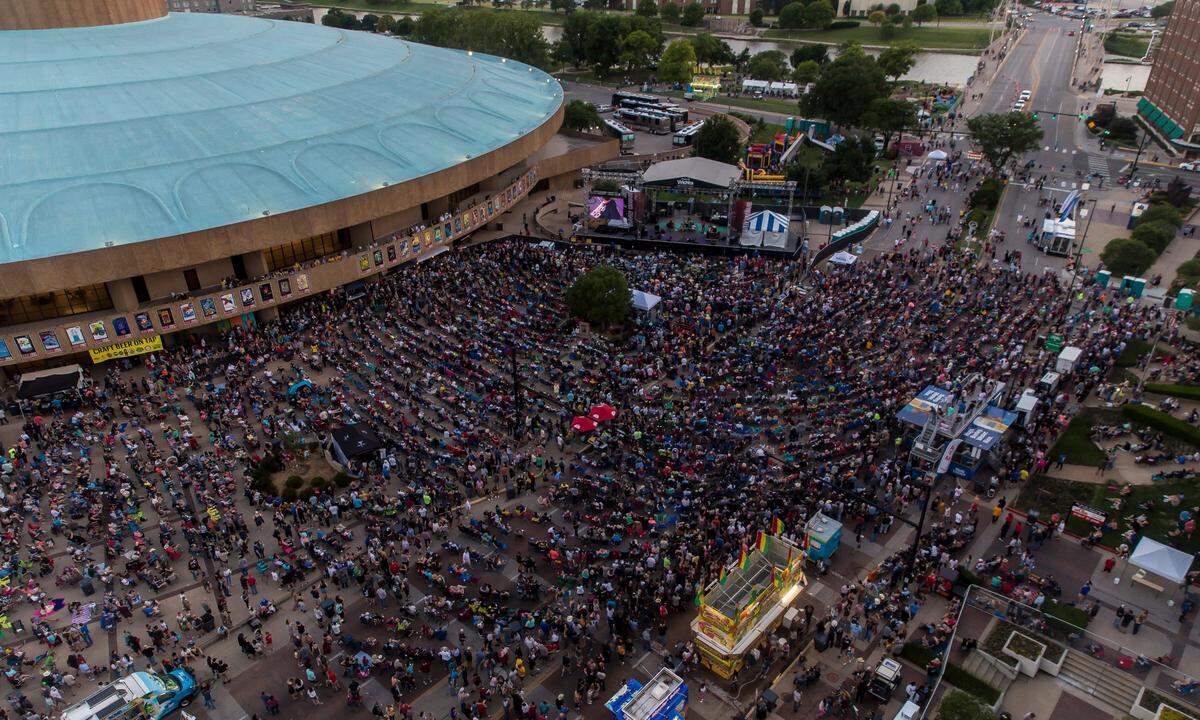 An overhead shot of the Wichita Riverfest shows the size of the crowd for Willie Nelson on Saturday.