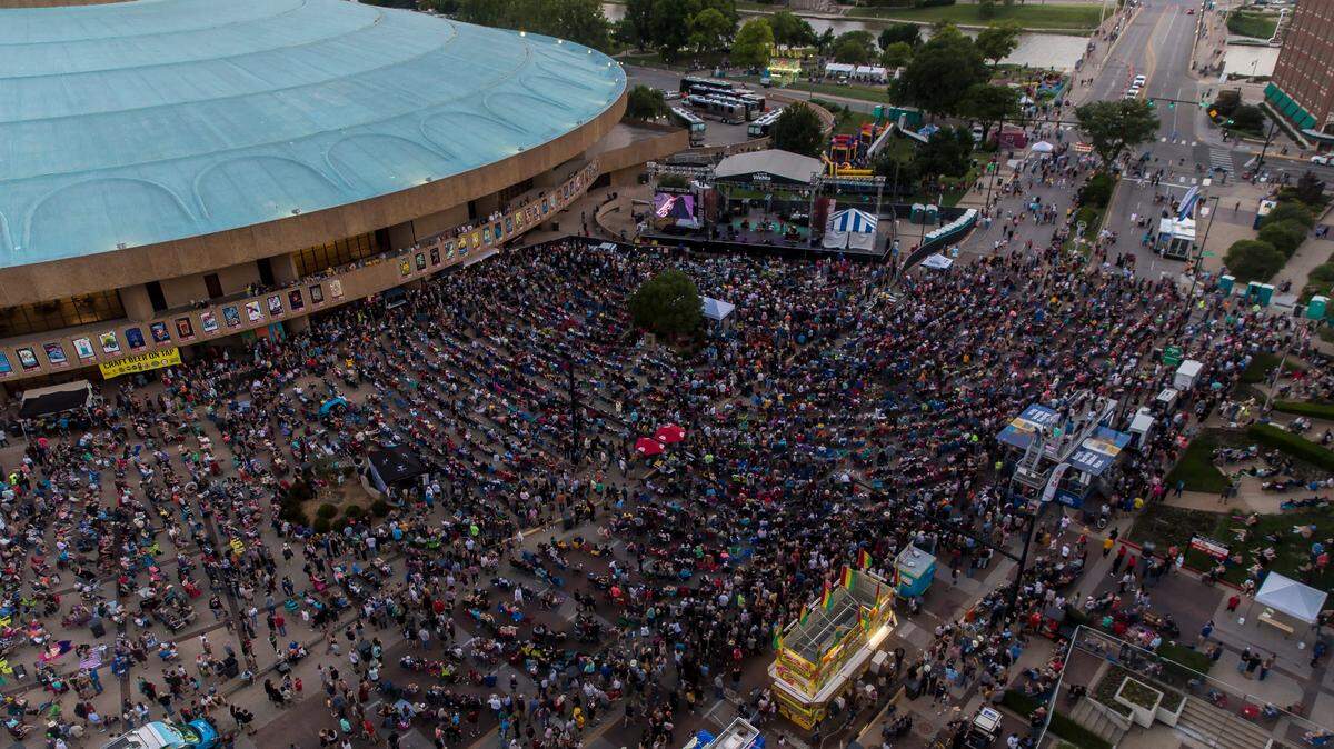 An overhead shot of the Wichita Riverfest shows the size of the crowd for Willie Nelson on Saturday.