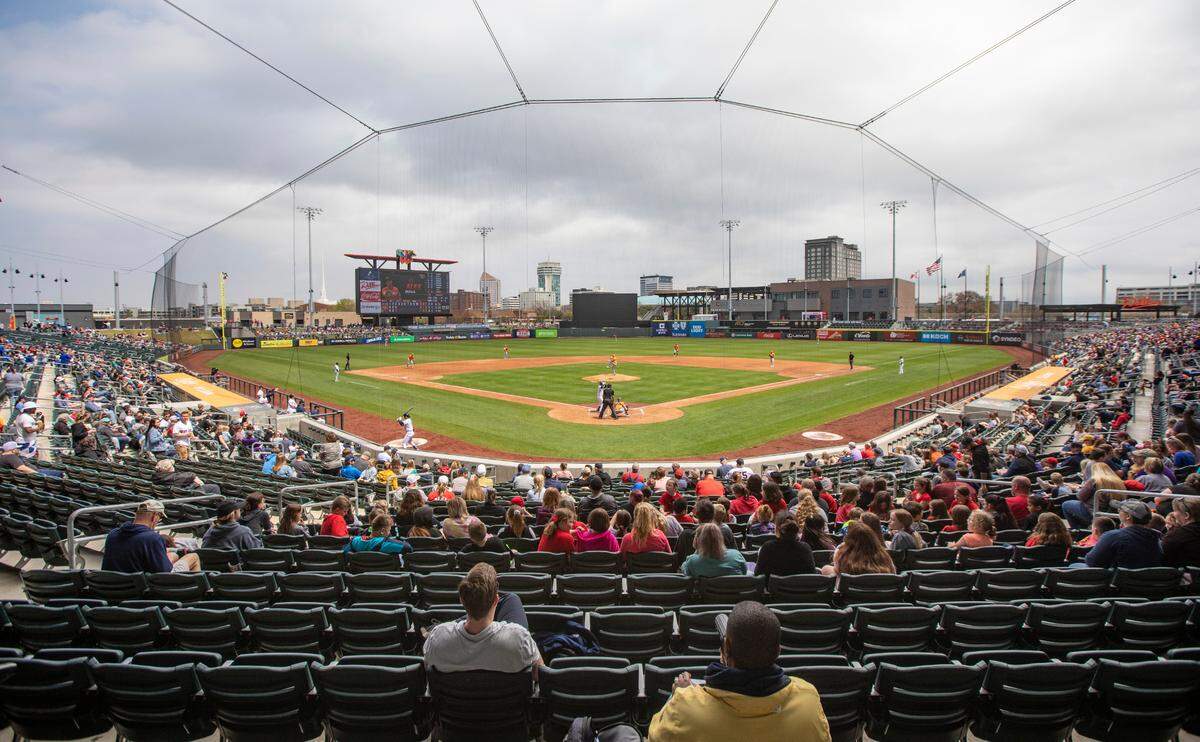 The Wichita Wind Surge played a recent afternoon game against the Midland RockHounds at Riverfront Stadium in downtown Wichita.