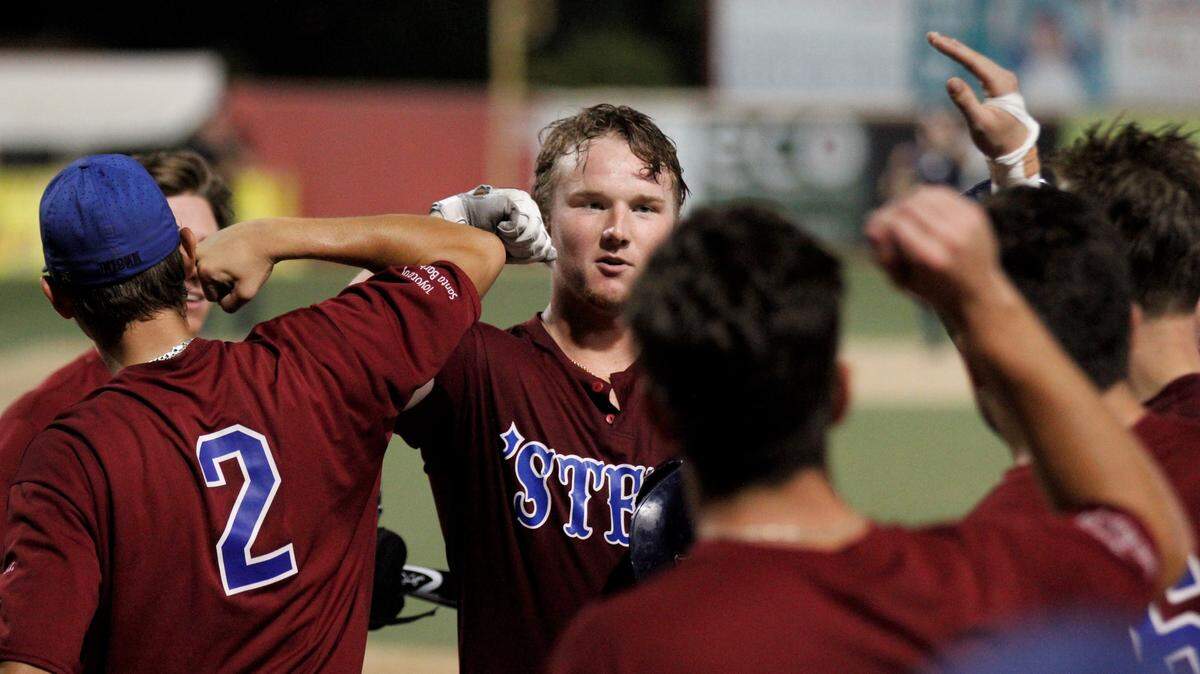 Patrick Mathis, Santa Barbara Foresters left fielder, crushed a three-run home run in the Foresters’ 11-2 semifinal win over the San Antonio Angels on Friday at Lawrence-Dumont Stadium. (Aug. 10, 2018)