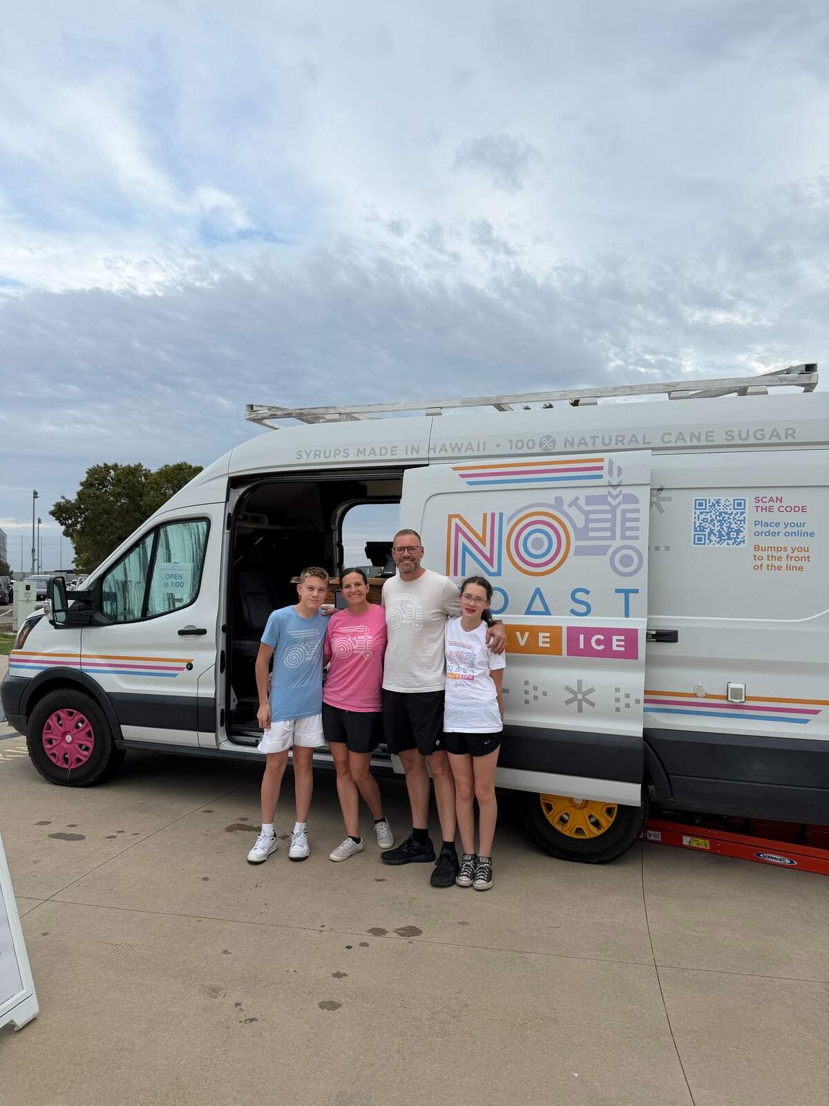 Miranda and Wes Morgan, center, with their children, Landon, left, and Lydia, right. The Morgans are taking their No Coast Shave Ice food truck concept to a summer pop-up space at Bradley Fair.