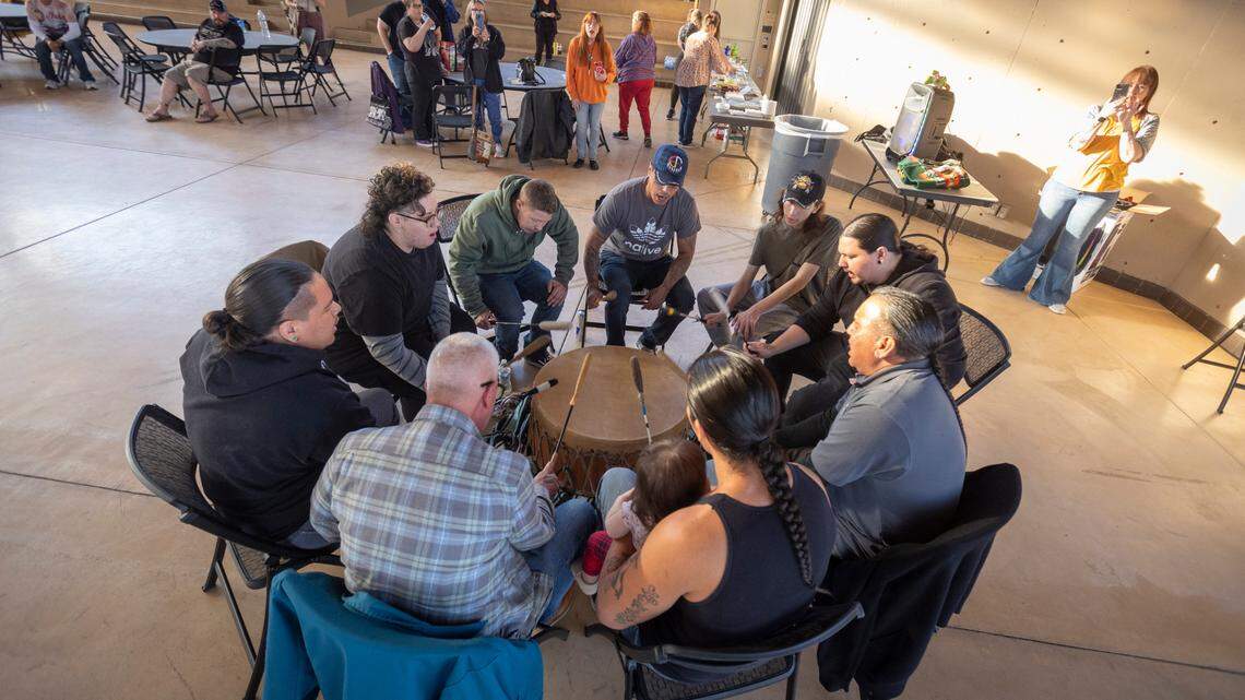 A drum circle with members of the Prairie Rose Wellbriety, a group for Native Americans in recovery, for people trying to get sober, or friends and family supporting them. They have several recovery meetings (or talking circles) they do, both men’s and women’s, and host a community night the fourth Wednesday of the month at the Mid-America All-Indian Center in Wichita.