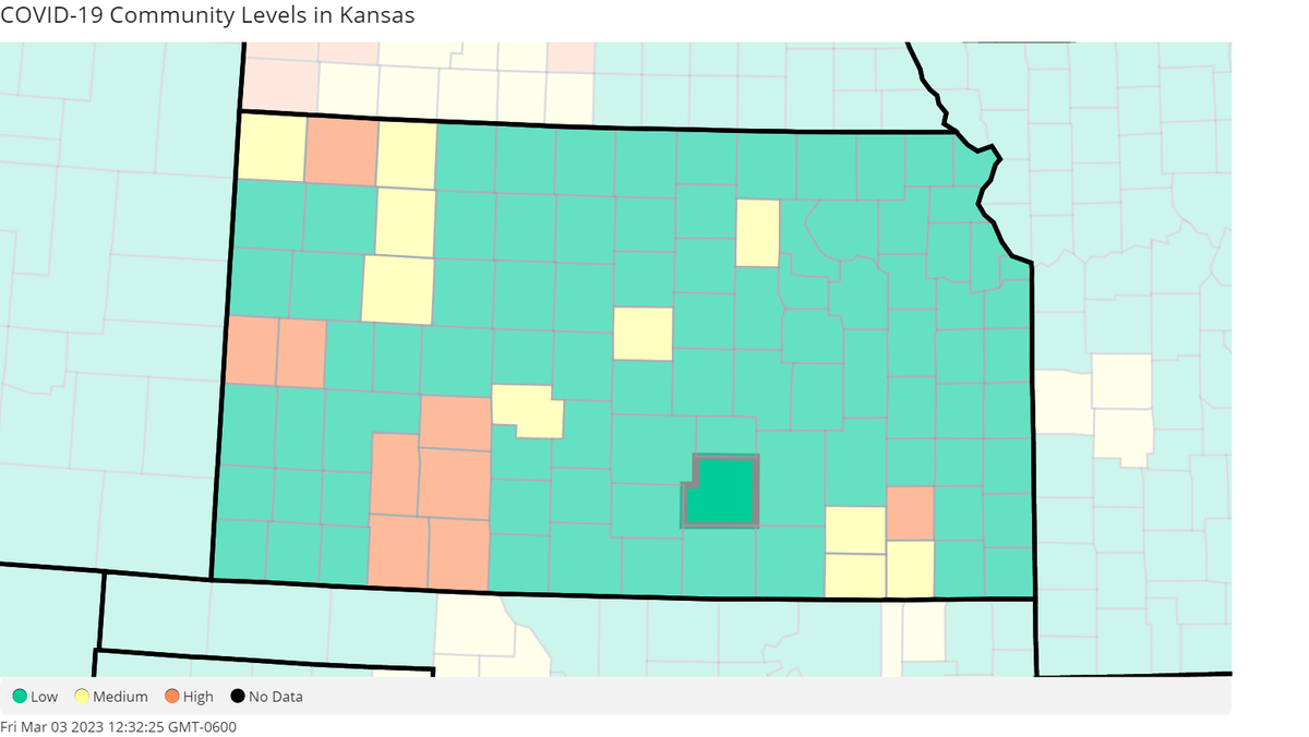 The Kansas COVID-19 community level map, courtesy of the Centers for Disease Control and Prevention.