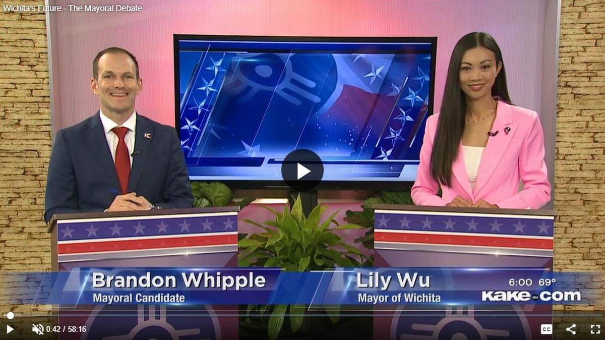 This errant KAKE-TV caption had some supporters of Wichita Mayor Brandon Whipple fuming after Tuesday’s broadcast debate.