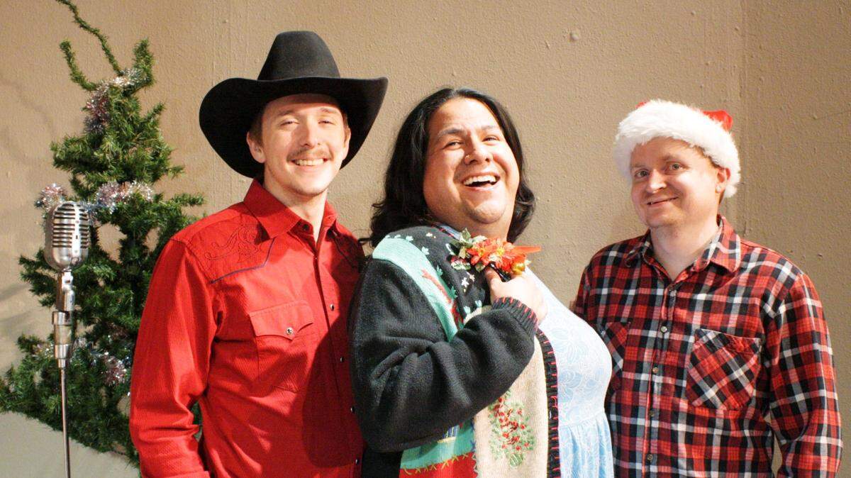From left, Lyle Valentine, Viviano Legorreta and Andrew Johnson take on the 22 roles in Kechi Playhouse’s production of “Tuna Christmas.”