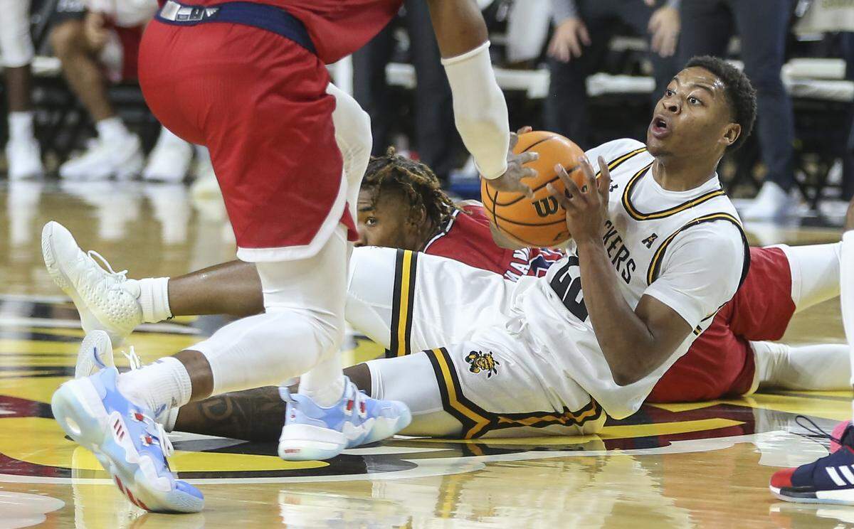 Wichita State’s Qua Grant looks for an outlet pass after scooping up a loose ball late in the second half against South Alabama.