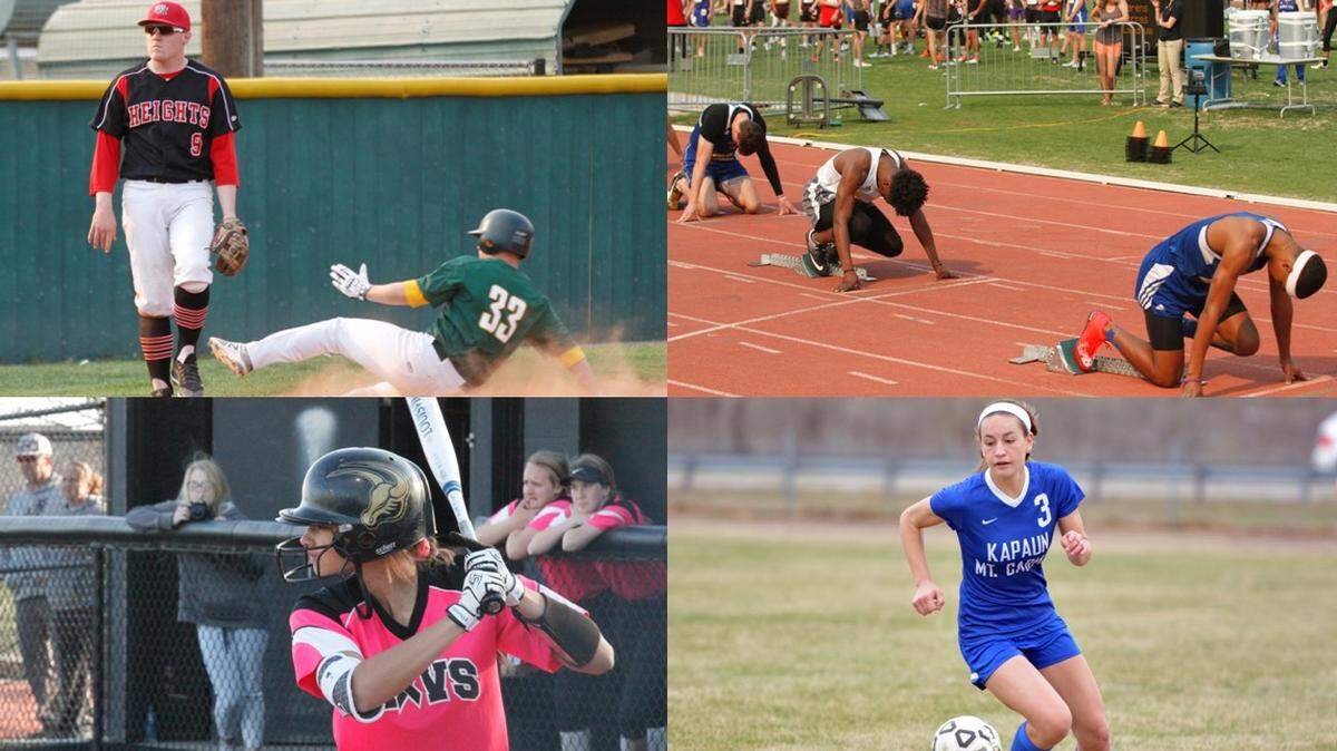 (Top left) Heights third baseman Cody Troyer (left) and Carroll's Reece Flax; (top right) South's Phillip Landrum (left), Southeast's Ollie McGee (center) and South's Deron Dudley; (bottom left) Maize South's Lauren Johnson; (bottom right) Kapaun's Emily Michaelis