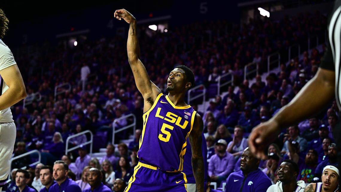 LSU guard Cam Carter watches a 3-pointer go through the hoop against Kansas State at Bramlage Coliseum.