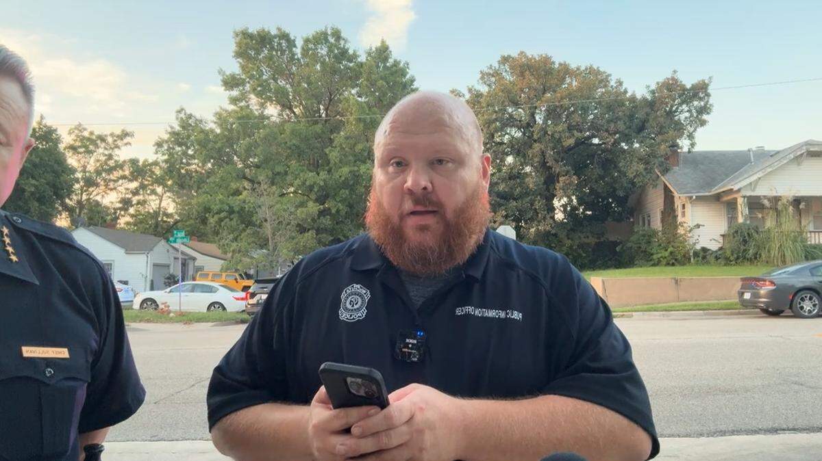 Wichita Police Department public Information officer Brad Wright addresses the media after a fatal shooting at the 900 block of South Vassar on Friday, September 12, 2025. The disturbance between neighbors left one man dead, police said.