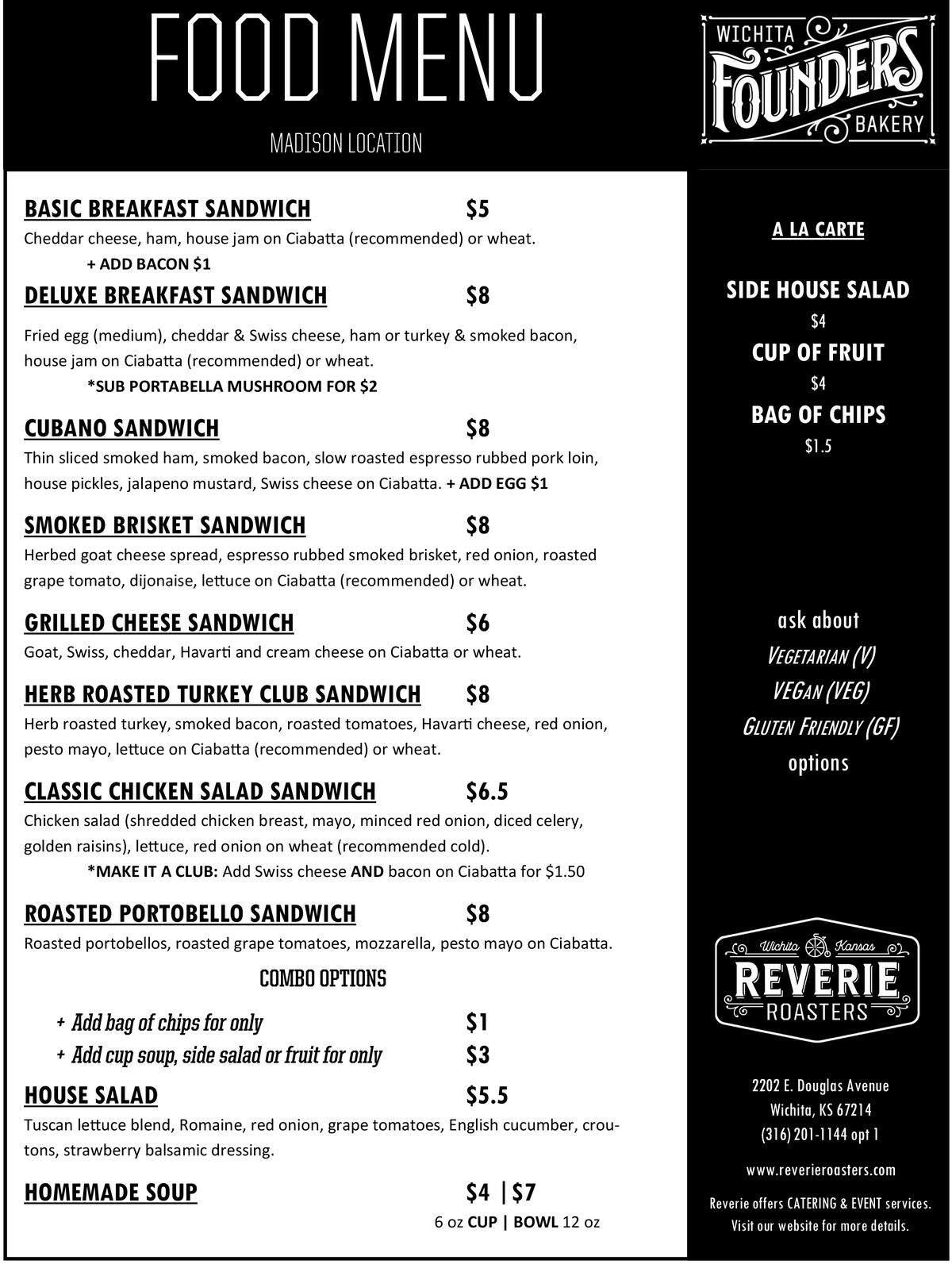 The new menu at Reverie coffee Roasters