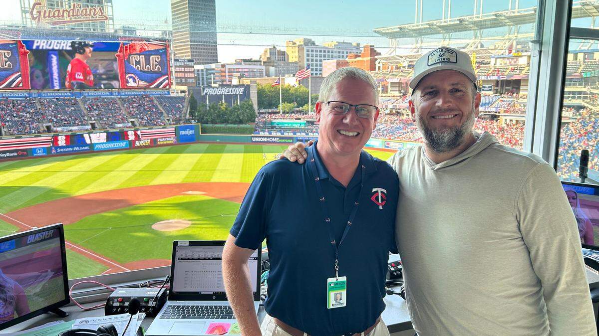 Wichita Wind Surge broadcast announcer Tim Grubbs, left, teamed up with former Minnesota Twins pitcher Glen Perkins to broadcast six Twins games in Cleveland and Detroit.