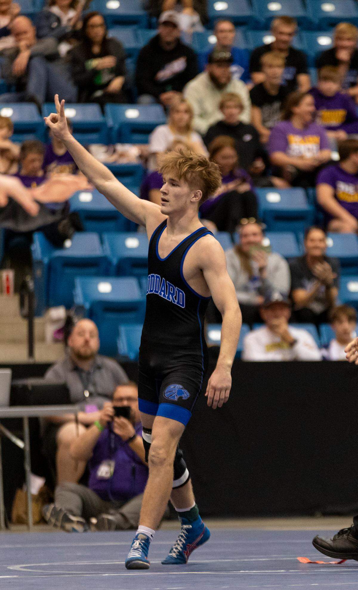 Goddard junior Jacob Goodwin celebrates his second straight state title at the Class 5A state wrestling tournament at Hartman Arena on Saturday.