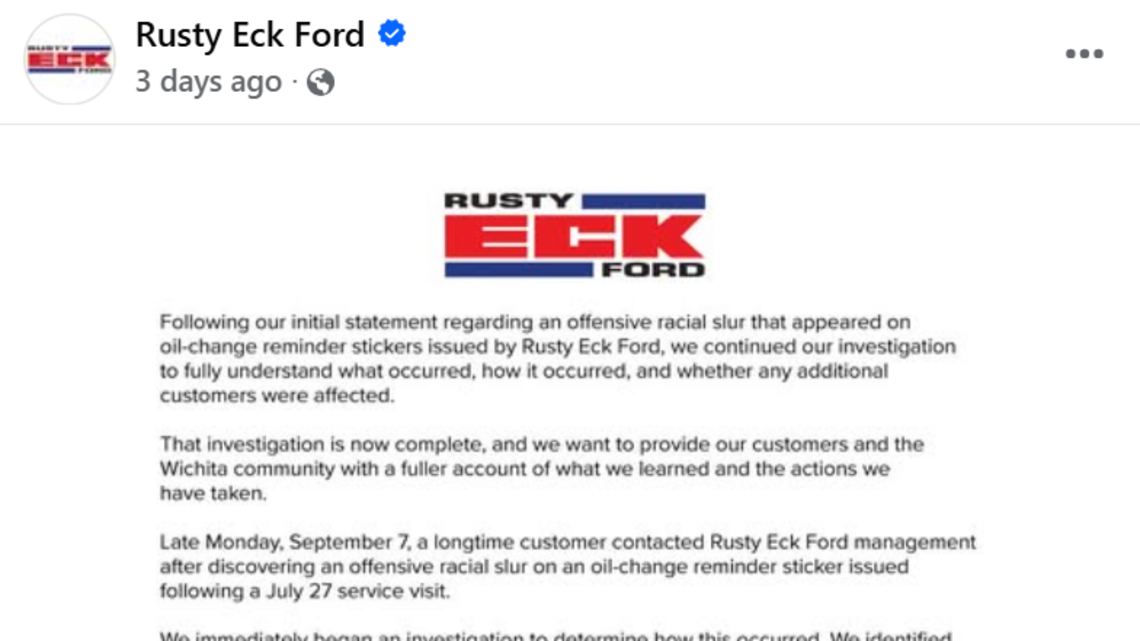 Rusty Eck Ford says it fired two after slurs were printed on oil-change stickers