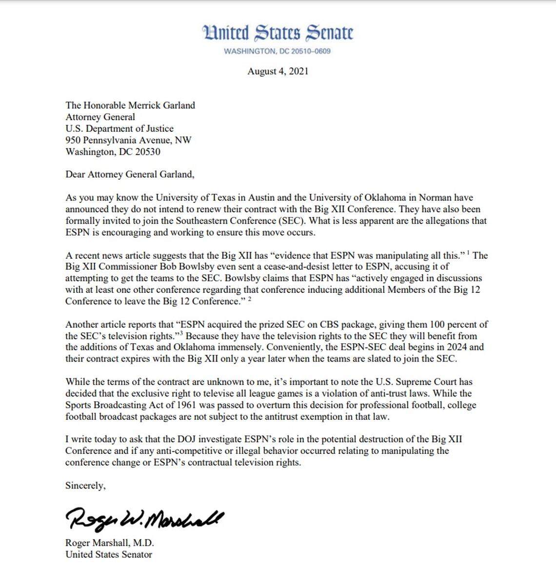 Kansas senator Roger Marshall wants to investigate ESPN for its role in Big 12 realignment.