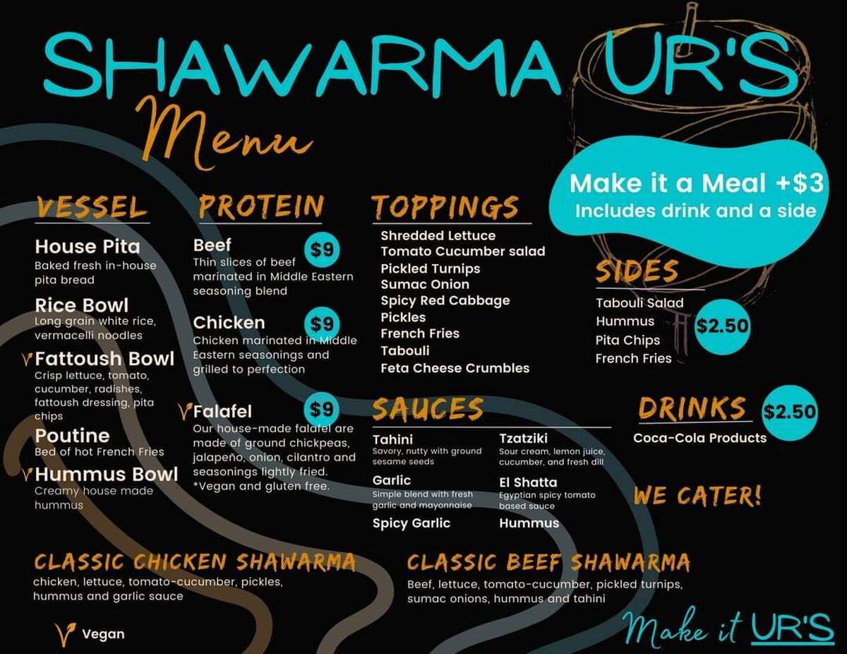 The menu for Shawarma UR’s