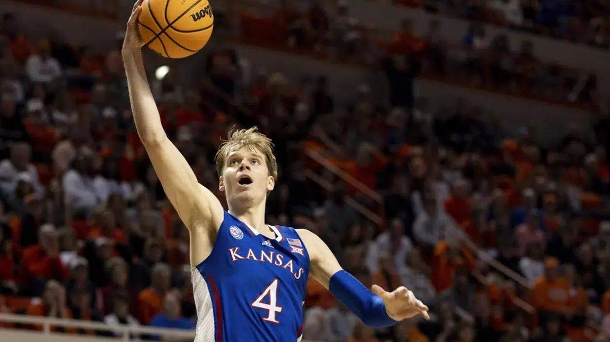 Kansas’ Gradey Dick shoots a layup in the second half of an NCAA college basketball game against Oklahoma State in Stillwater, Okla., on Tuesday.