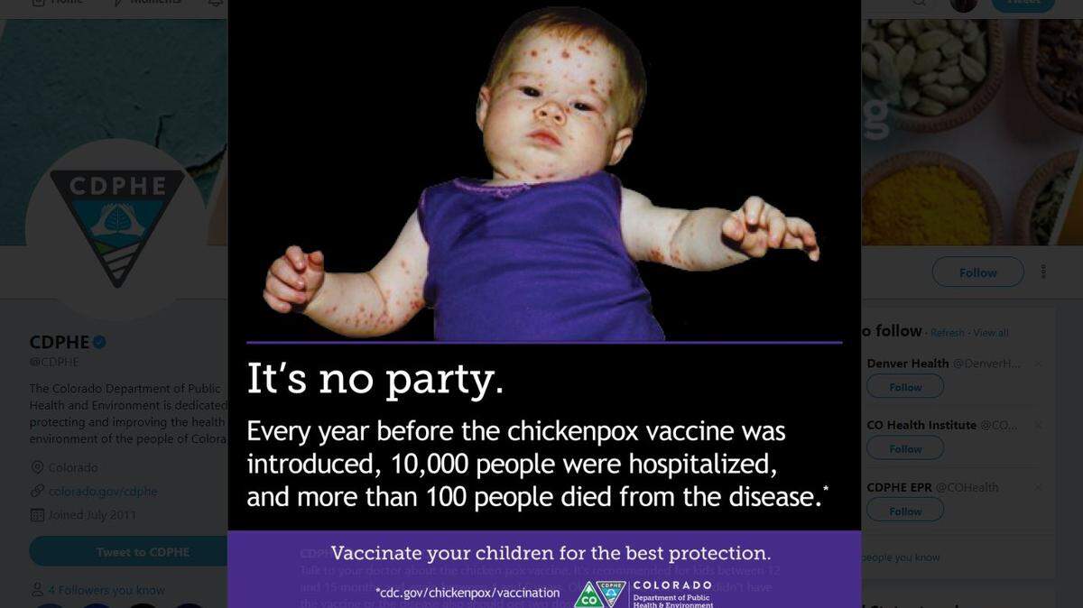The CDC and the Colorado Department of Public Health and Environment recommend the chickenpox vaccine, not pox parties.