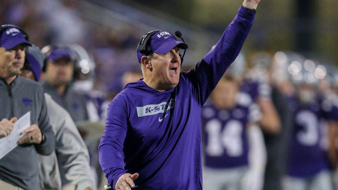 Kansas State Wildcats head coach Chris Klieman yells to his team during the fourth quarter against the Arizona State Sun Devils at Bill Snyder Family Football Stadium on Nov. 16, 2024.