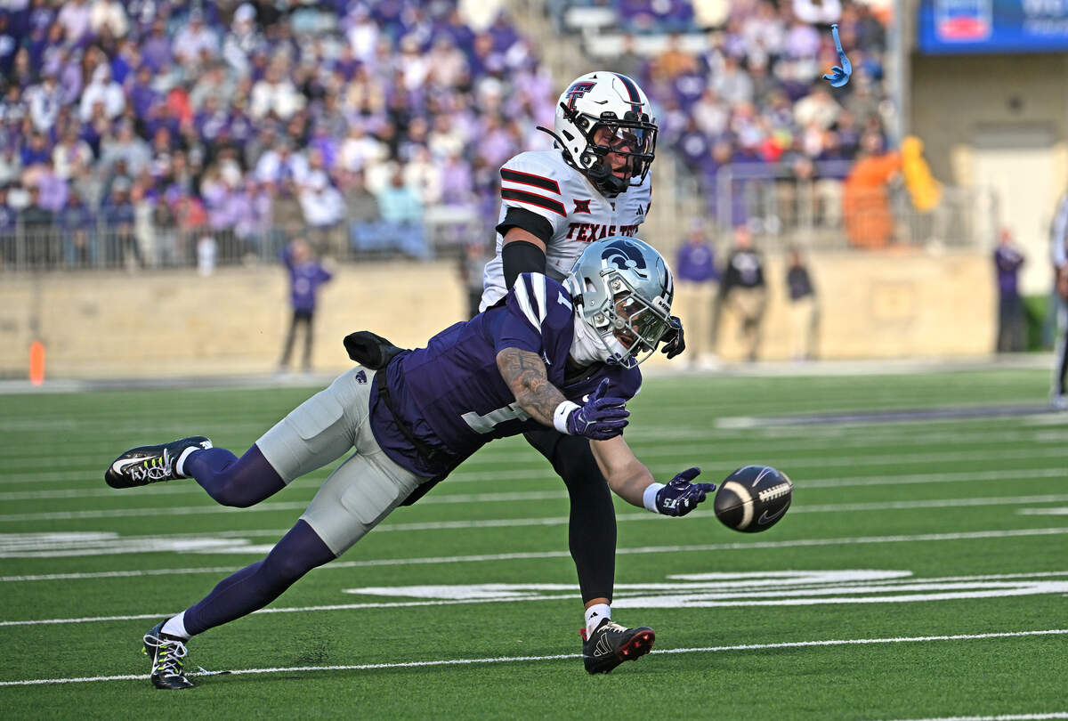 Kansas State wide receiver Jayce Brown dives for a ball against the Texas Tech Red Raiders during a college football game at Bill Snyder Family Stadium on November 1, 2025 in Manhattan, Kansas.