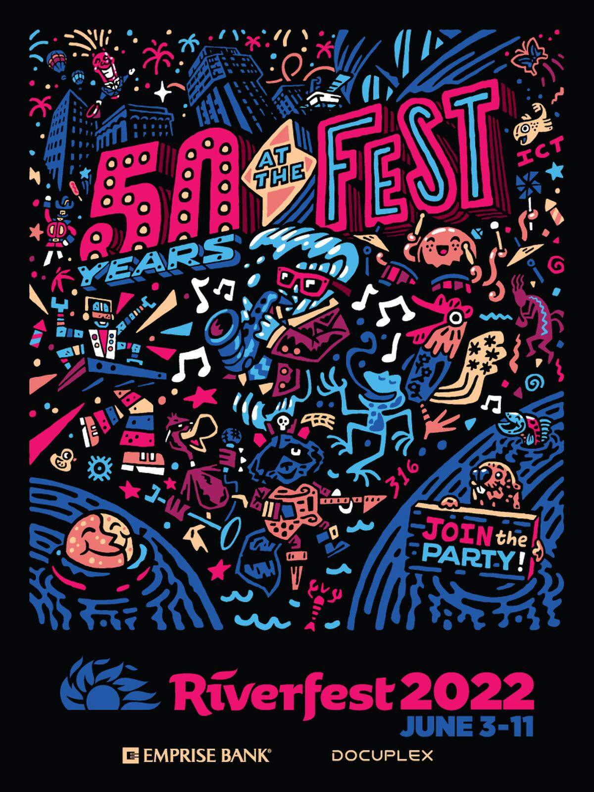 The 50th Wichita Riverfest will feature artwork by freelance designer and illustrator Joe Worley. It includes images of festival mascots from years past.