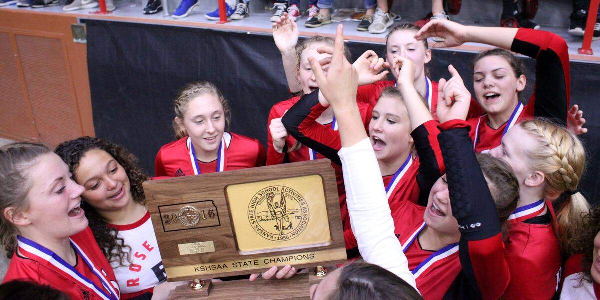 The Rose Hill volleyball team celebrates first place finish at the KSHSAA state volleyball, 4A DII competition Sat. Oct. 29, 2016 at the Bicentennial Center in Salina. Photo by Karen Bonar.