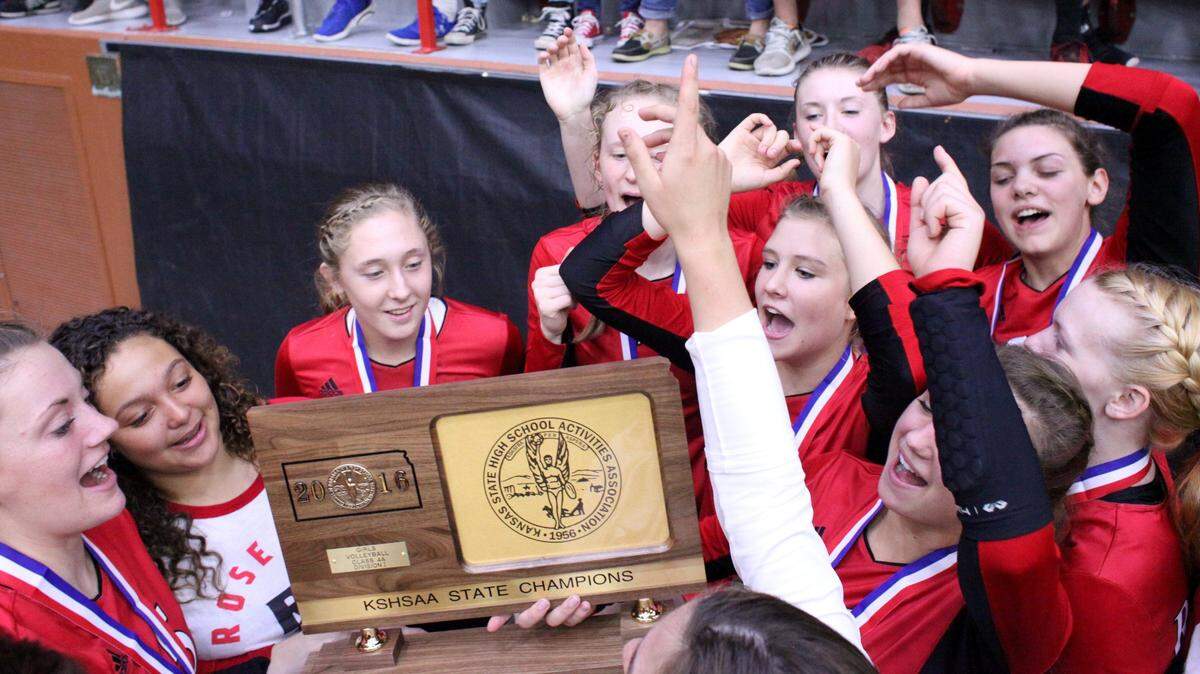 The Rose Hill volleyball team celebrates first place finish at the KSHSAA state volleyball, 4A DII competition Sat. Oct. 29, 2016 at the Bicentennial Center in Salina. Photo by Karen Bonar.