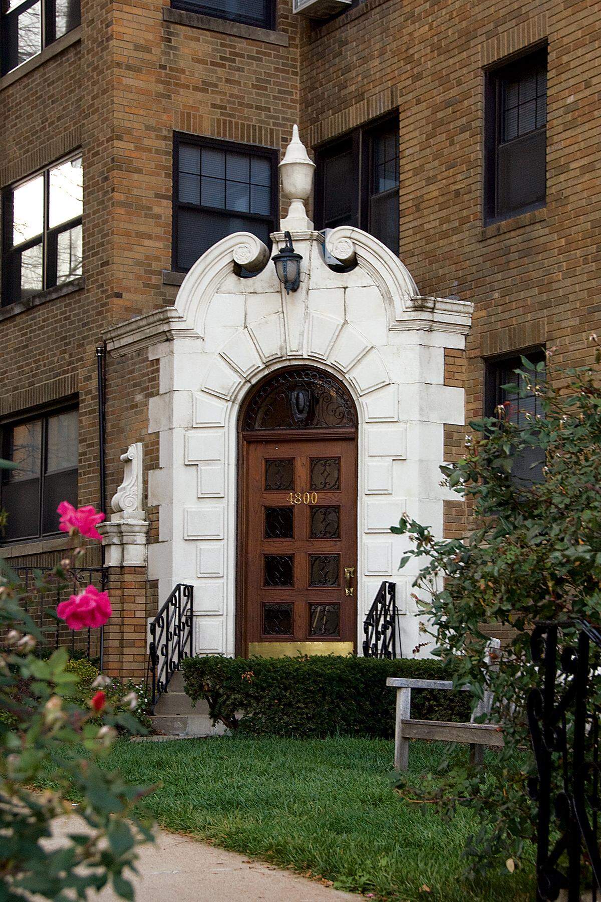Pictured is the entrance to the 1928 Henry Wadsworth Longfellow apartments at 4800 Jefferson St. in Kansas City. The building is part of the Authors Block of apartments designed by Nelle Peters just west of the Country Club Plaza.