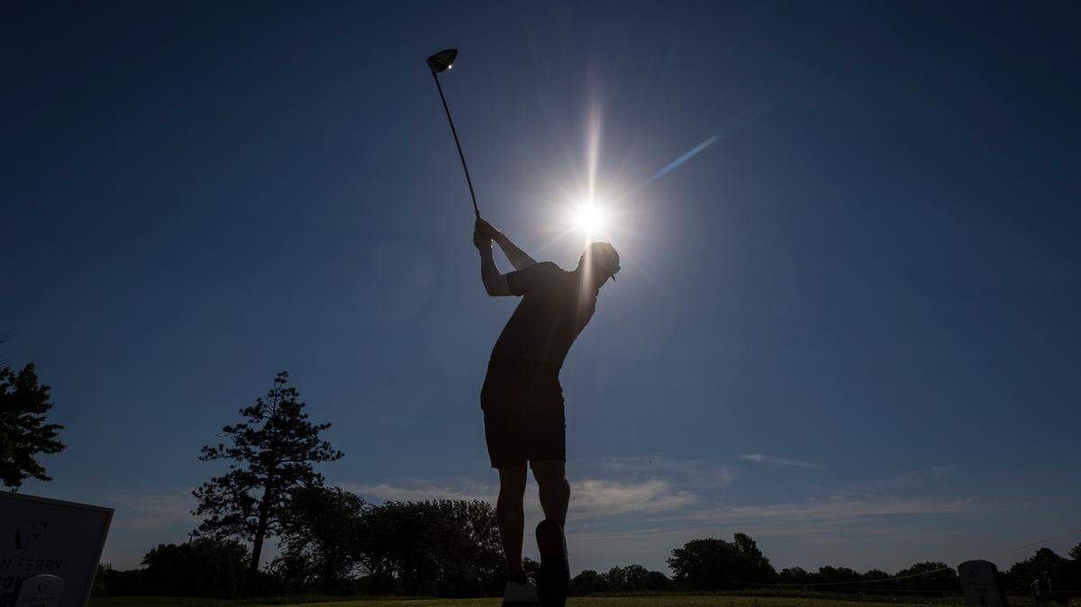 Max Greyserman tees off at Crestview Country Club during a pro-am event on Wednesday. The Wichita Open gets underway on Thursday.