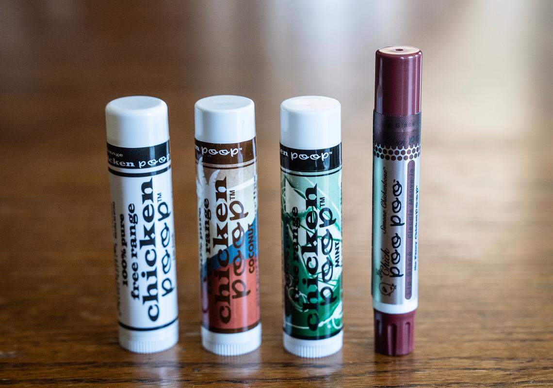 Chicken Poop products include, among other things, the original balm, coconut balm, mint balm and shimmering lip gloss.