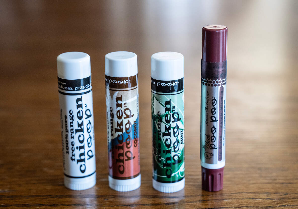 Chicken Poop products include, among other things, the original balm, coconut balm, mint balm and shimmering lip gloss.