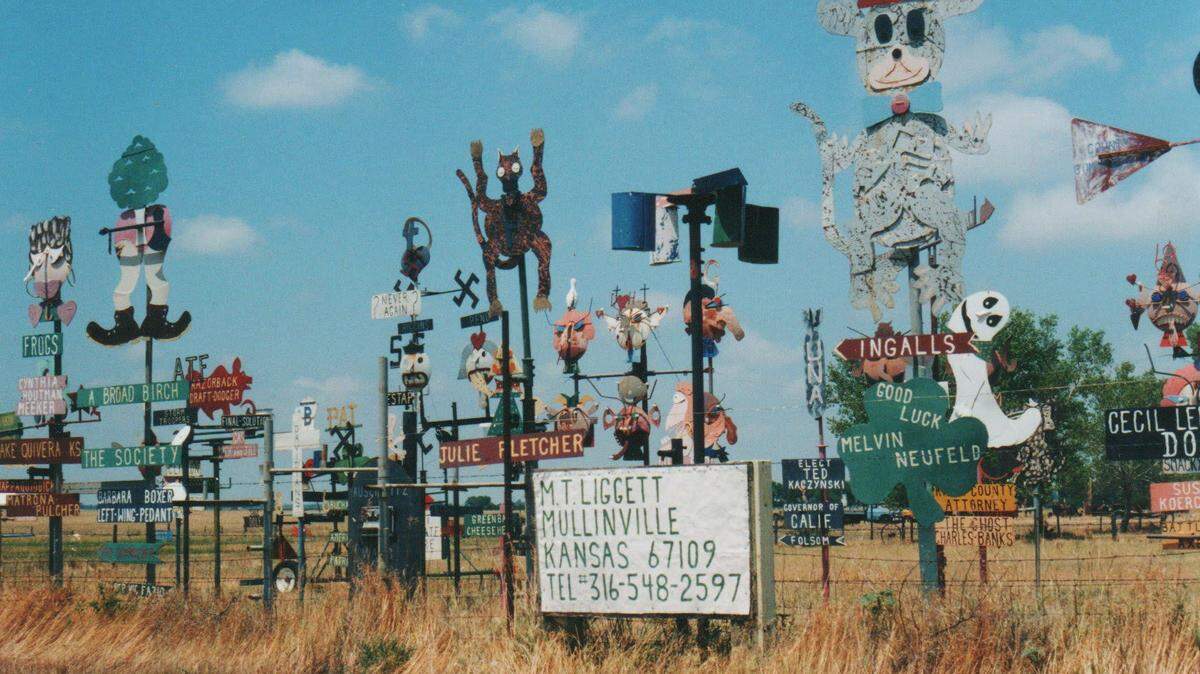 M.T. Liggett’s metal sculptures in Mullinville are a treat, if you’re into swastikas.