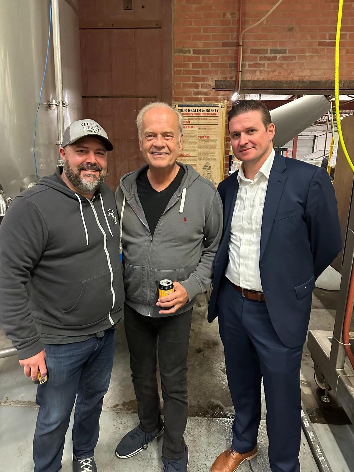 Wichita native Fred Gorges of O’Shaughnessy Distilling Co. in Minneapolis, left, introduced television star Kelsey Grammer, center, to Wichita Brewing Company owner Jeremy Horn, right, when Grammer was in Wichita in April.