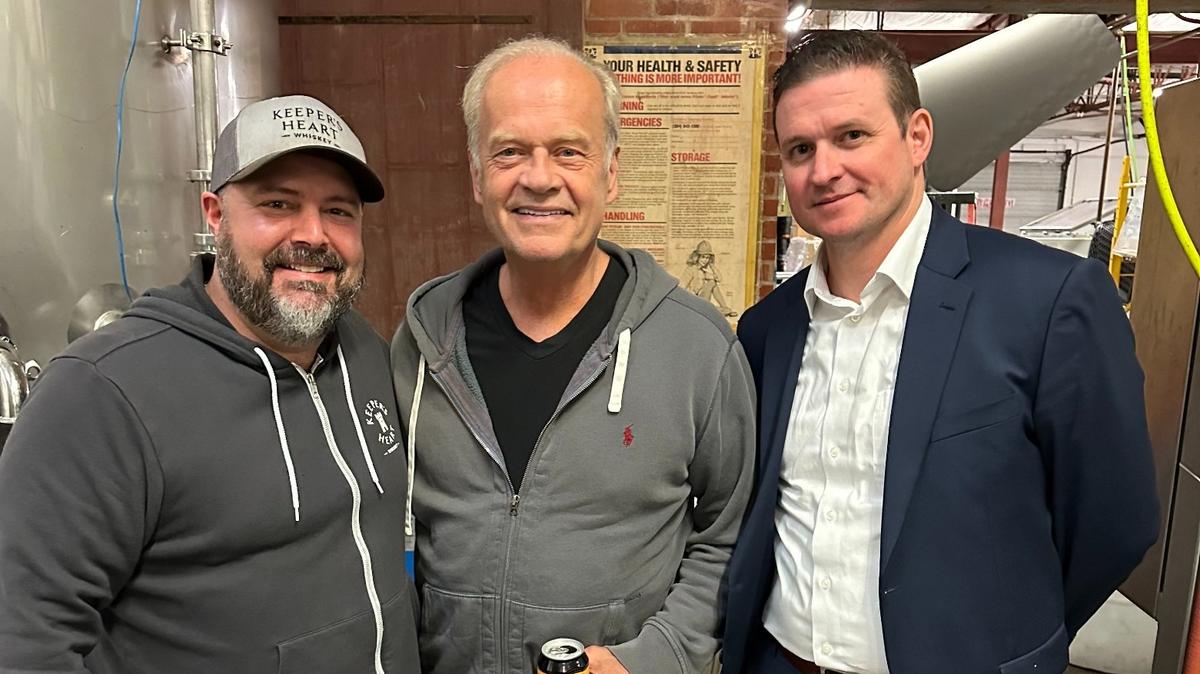 Wichita native Fred Gorges of O’Shaughnessy Distilling Co. in Minneapolis, left, introduced television star Kelsey Grammer, center, to Wichita Brewing Company owner Jeremy Horn, right, when Grammer was in Wichita in April.