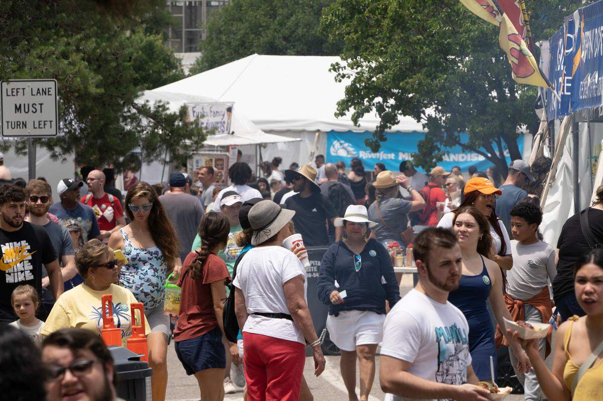 The Wichita Riverfest’s food court is a popular attraction located east of Kennedy Plaza.