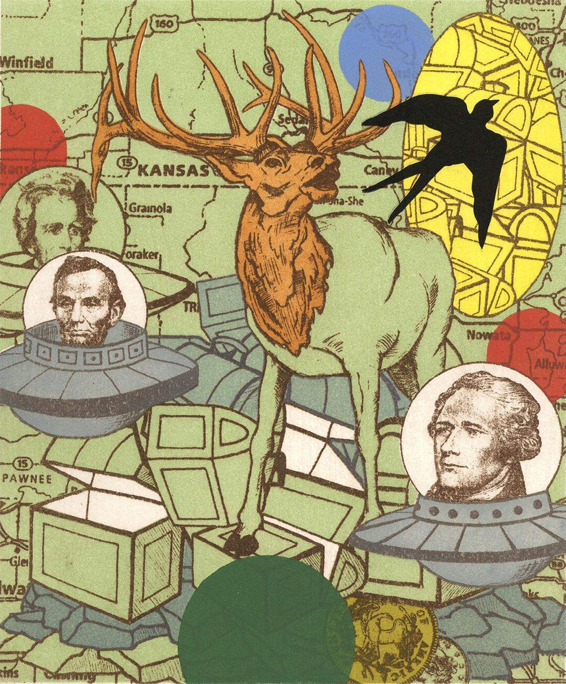 “Two Places,” by artist Norman Akers, a part of the Art of Emprise collection, is among the works being exhibited in the Ulrich Museum’s fall exhibition, “Myths of the West: Narrating stories of the Land and People through Wichita Art Collections.”