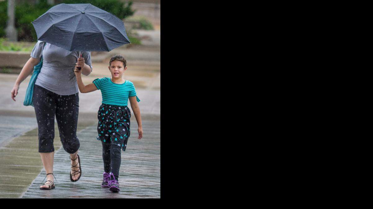 Tori Filbey, 7, walks to the Wichita-Sedgwick County Historical Museum with nanny Natalia Dyla. Rainy weather in July helped keep average temperatures down. (July 30, 2014)

