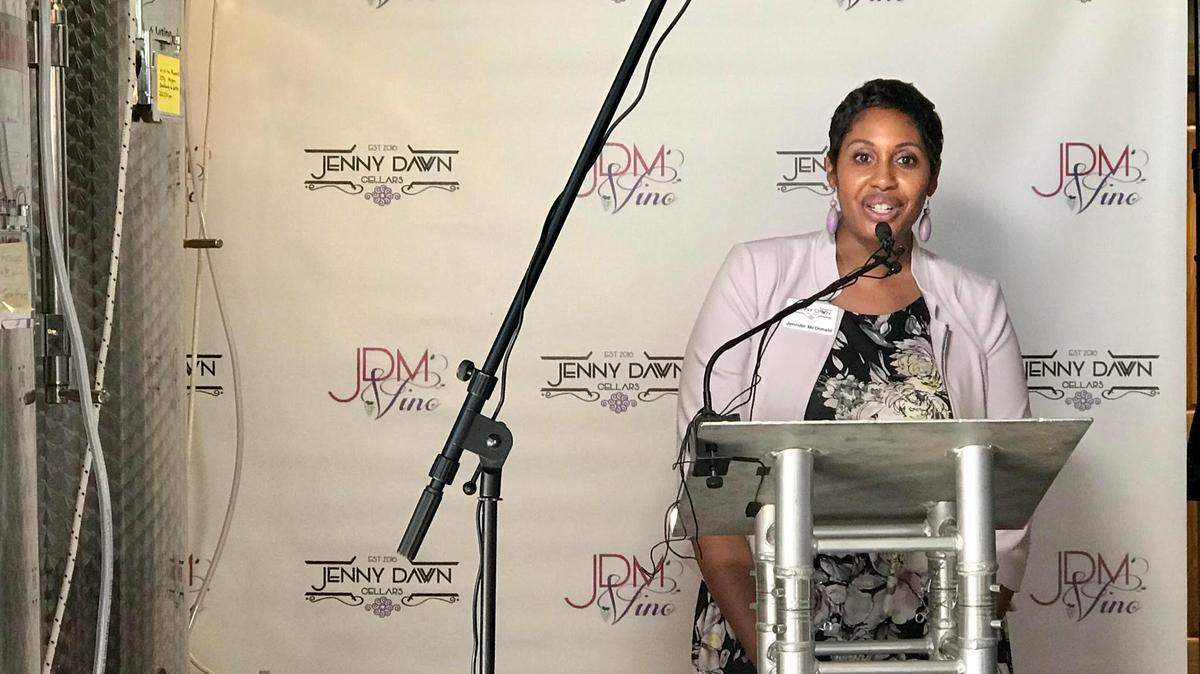 Jennifer McDonald, owner of the winery Jenny Dawn Cellars in downtown Wichita, spoke Tuesday with Gov. Laura Kelly to announce that the state will forgive hospitality business loans through the HIRE program and convert them to grants.