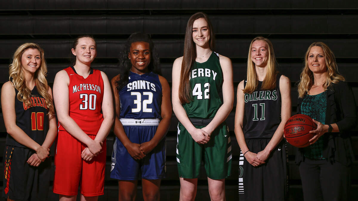 The Eagle's 2018 All-State Girls Basketball Team, from left, Tristan Gegg, Labette County; Taylor Robertson, McPherson; Sereena Weledji, St. Thomas Aquinas; Kennedy Brown, Derby; Emily Ryan, Central Plains; Coach of the Year Jodie Karsak, Derby.