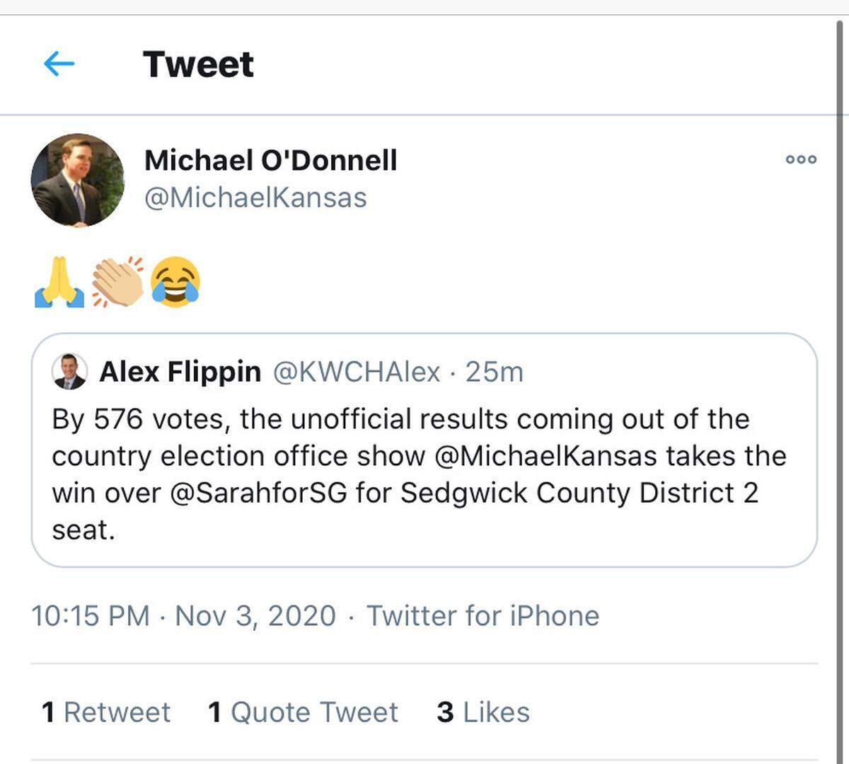When Michael O’Donnell pulled ahead on election night, the Sedgwick County Commissioner shared the news on Twitter with praying, clapping and laughing emojis. By Thursday that lead had dwindled, and O’Donnell deleted the tweet.