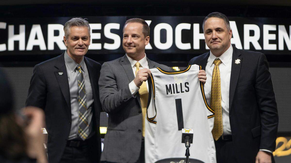 Wichita State president Rick Muma, left, says the community needs to step up its financial support for the basketball program run by coach Paul Mills, center, and athletic director Kevin Saal.