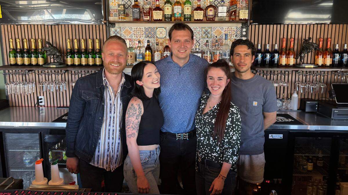 The staff at the new Abode Bistro & Bar: from left to right, operations manager William Cody Lonergan; bar manager Julie McKenzie; owner Daniel Mariotti; general manager Paige Cernohous; and chef Bruno Golac.