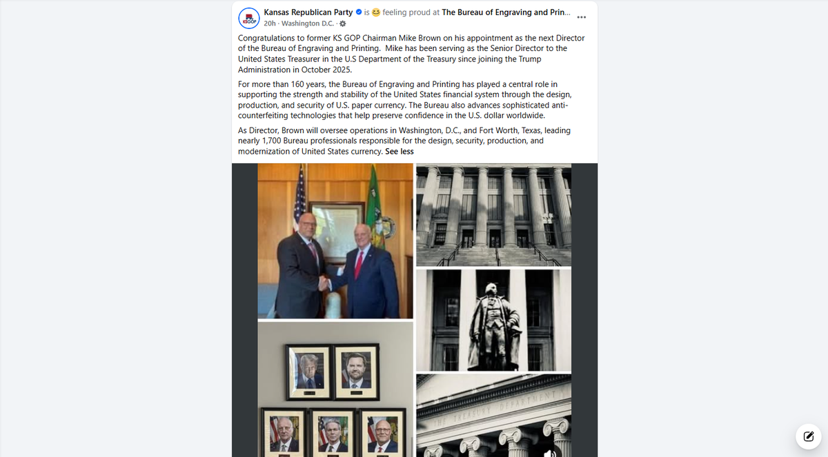 The Kansas Republican Party, which kicked Mike Brown to the curb after two years of his obnoxious leadership, congratulated him for his appointment as director of the Bureau of Engraving and Printing at the U.S. Treasury.